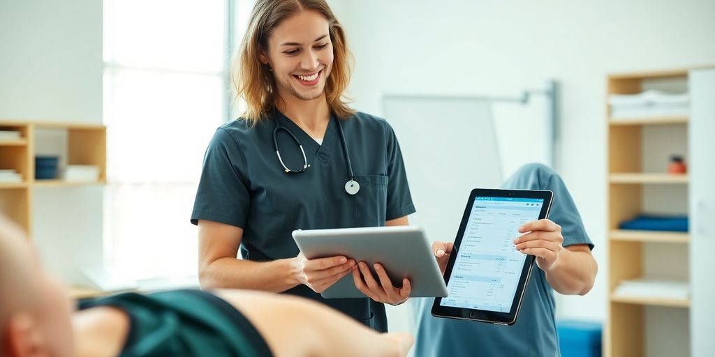 Therapist using EMR on tablet.