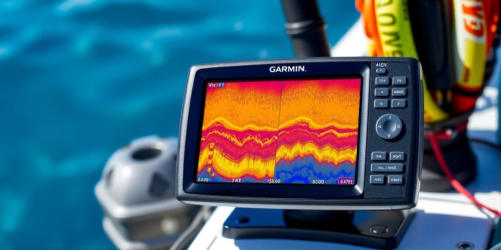 Garmin Striker Vivid 4CV fish finder on a boat.