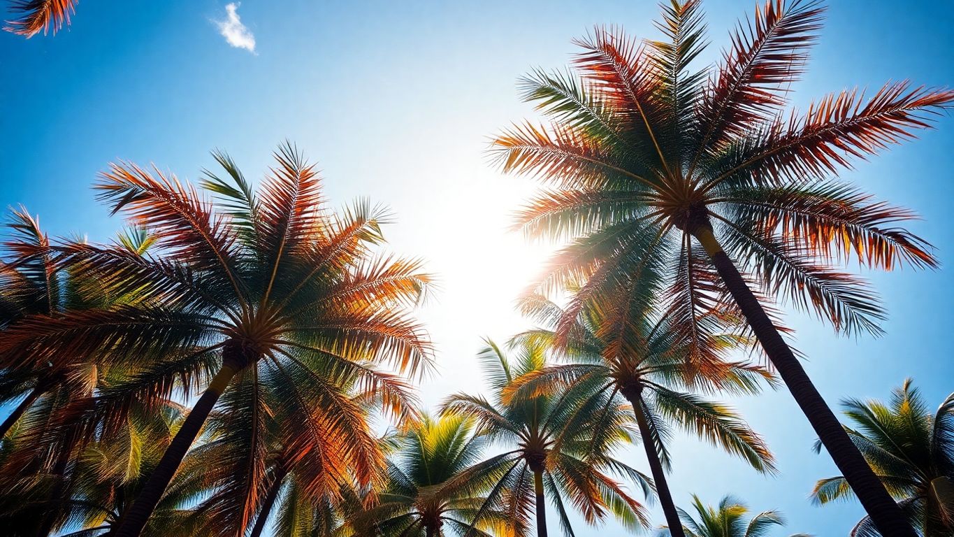 Palm trees reaching towards a bright sky.