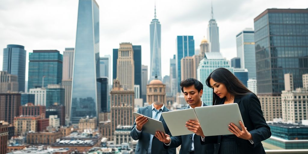 Businesspeople discussing finance in a vibrant cityscape.