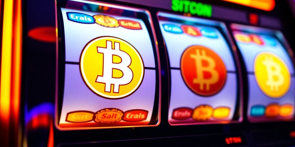 Bitcoin and slot machine reels spinning.