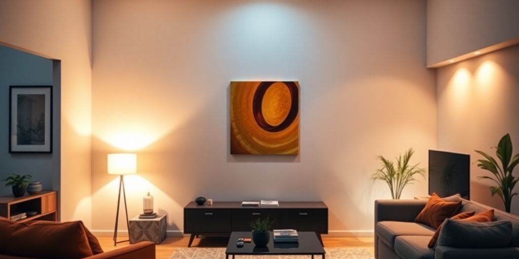 Modern living room with warm LED wall lighting.