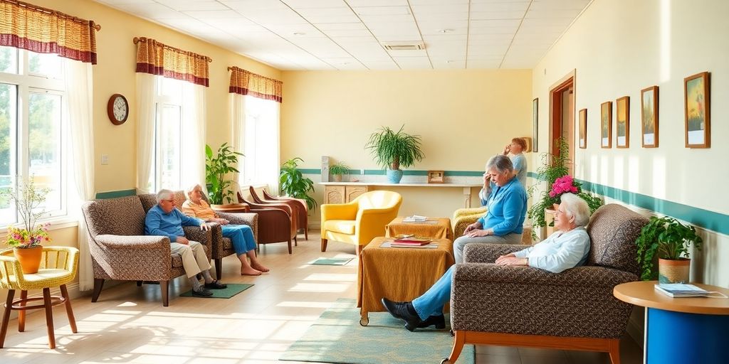 Casa de repouso acolhedora com idosos e cuidadores.