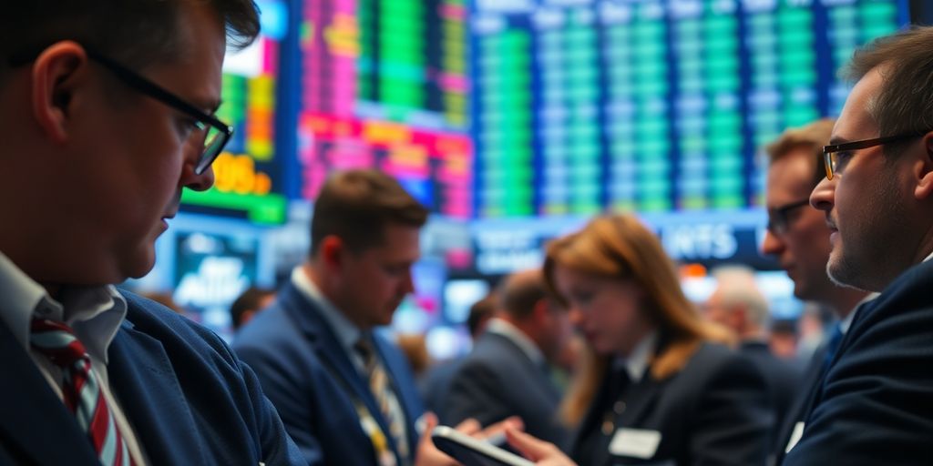 Traders discussing market strategies in a bustling atmosphere.