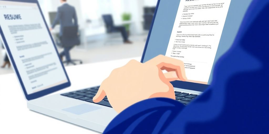 Person typing on laptop, resume on screen.