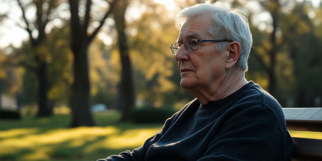 Elderly person reflecting in a serene outdoor setting.