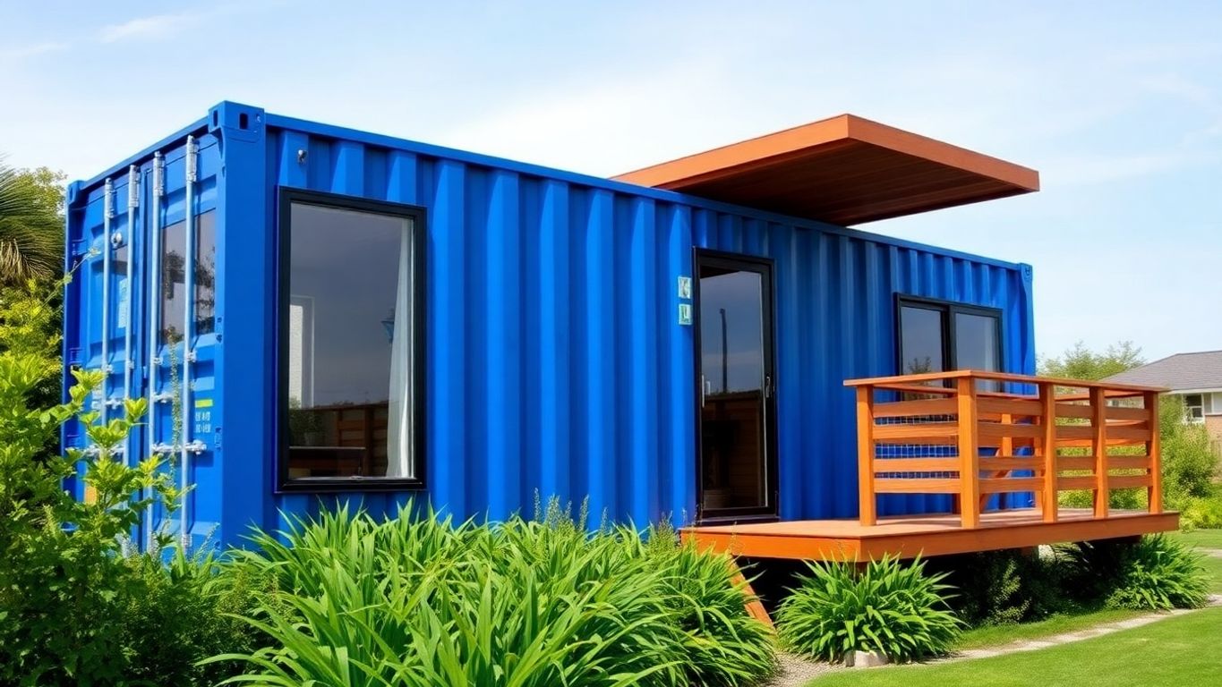 Shipping container with vibrant paint and custom windows.