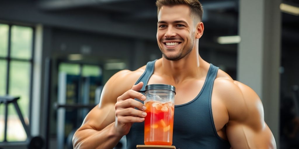 Homme musclé buvant une boisson protéinée après l'entraînement.