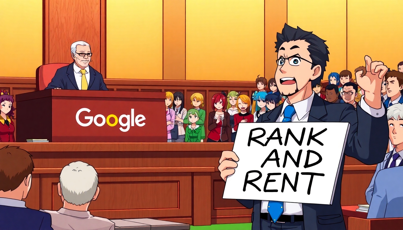 Anime courtroom with Google and Rank and Rent sign holder.