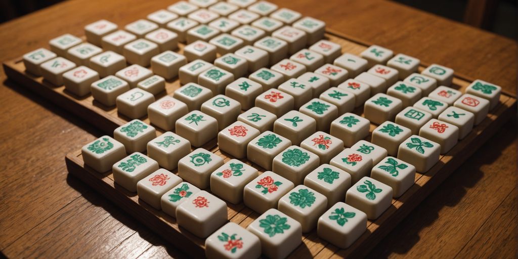 Mahjong wind tiles on a wooden table