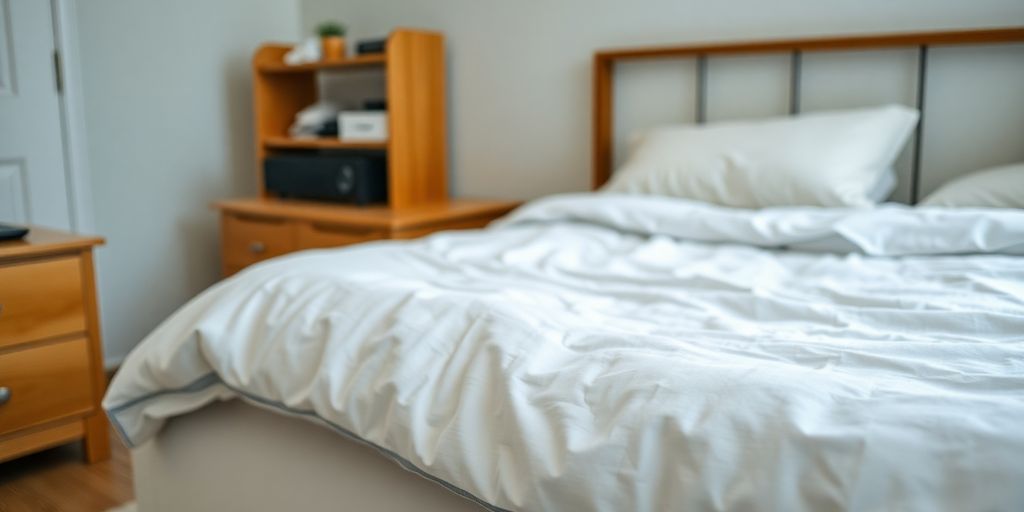 Clean bedroom with fresh bedding and organized space.
