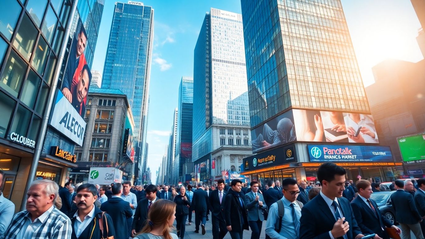 Imagem de um distrito financeiro movimentado.