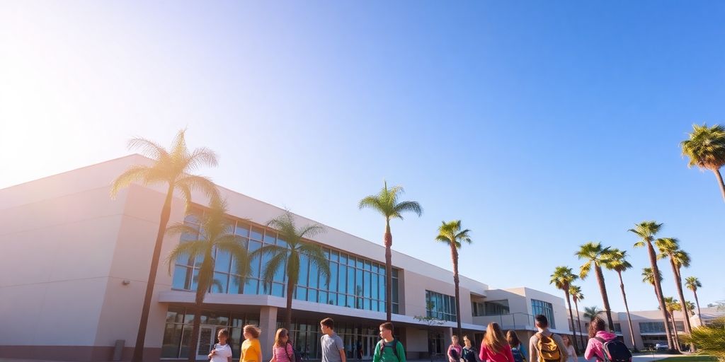 Students walking on a sunny San Diego school campus.
