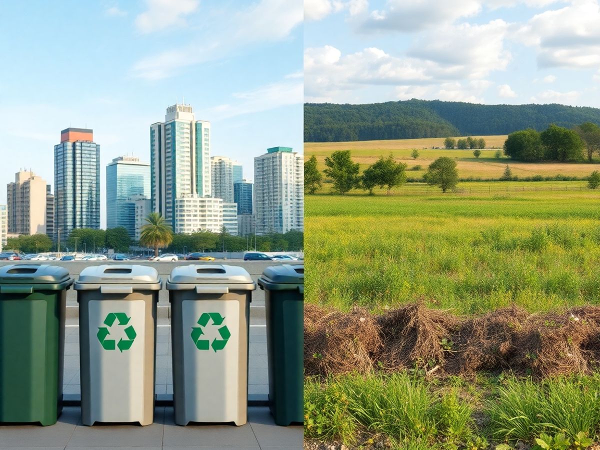 Reciclare urbană și rurală contrastând.