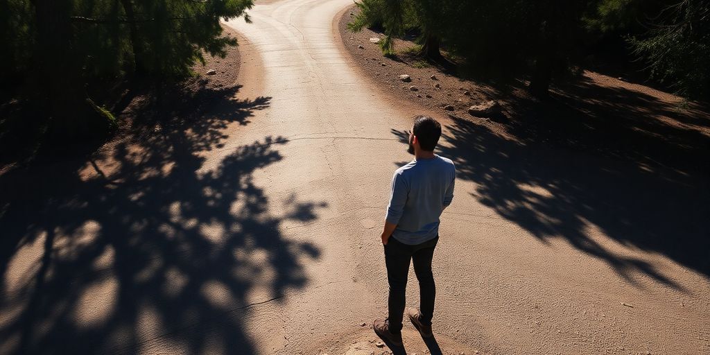 Person standing at a crossroads, choosing a path.