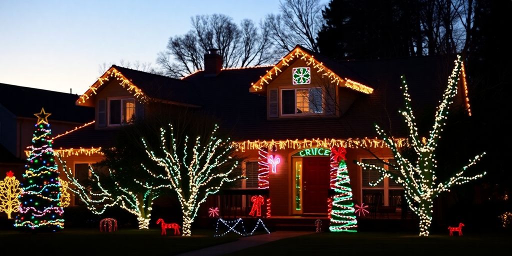 A festive house illuminated with colorful Christmas lights.