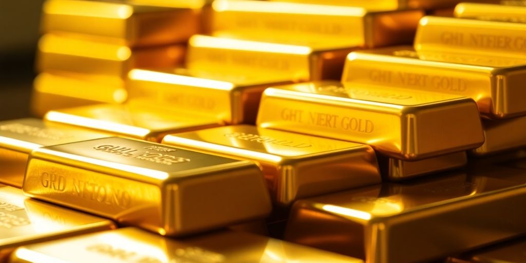 Lingots d'or brillants sous une lumière dorée.
