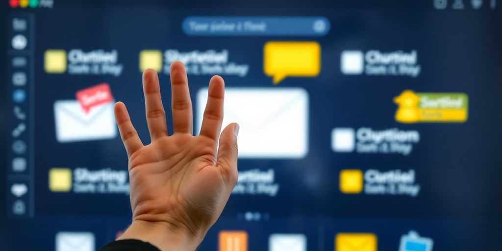 Person waving hello, email interface background.