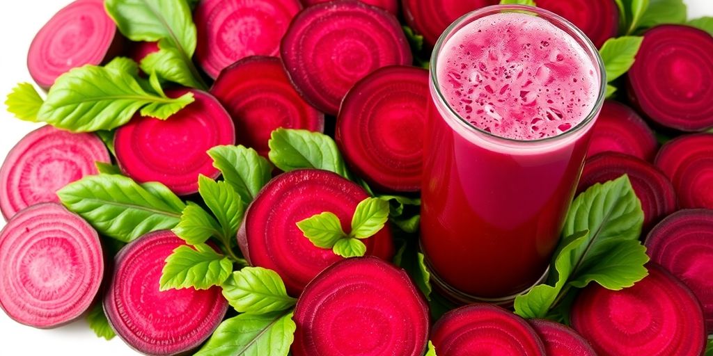 Fresh beetroot slices and juice for healthy energy benefits.