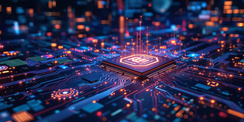 A quantum computer with glowing circuits and AI elements.
