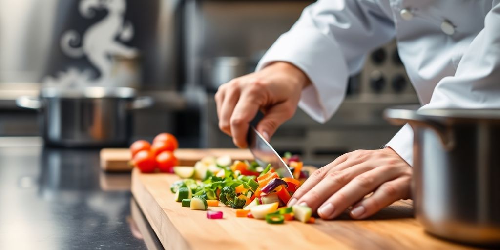 Chef's hands meticulously slicing vegetables, a culinary masterpiece.