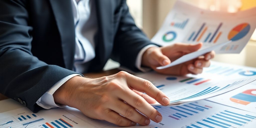 Business professional analyzing data and documents for market insight.