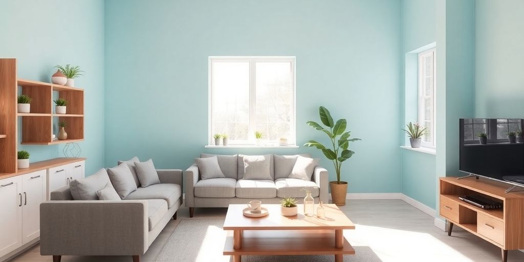Light blue living room with simple decor.