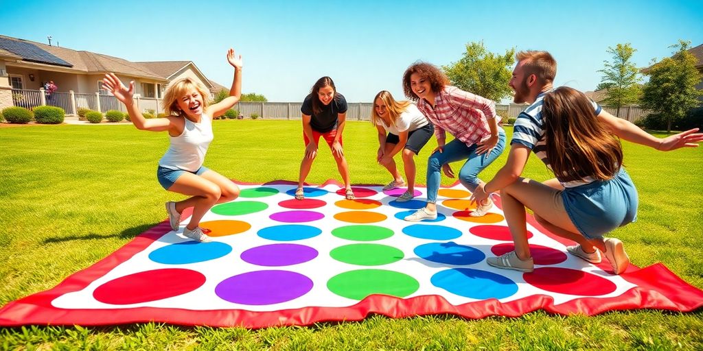 Friends playing Twister on a colorful mat outdoors.