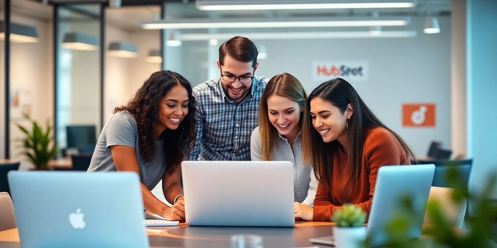 Team collaborating on sales strategies with HubSpot tools.