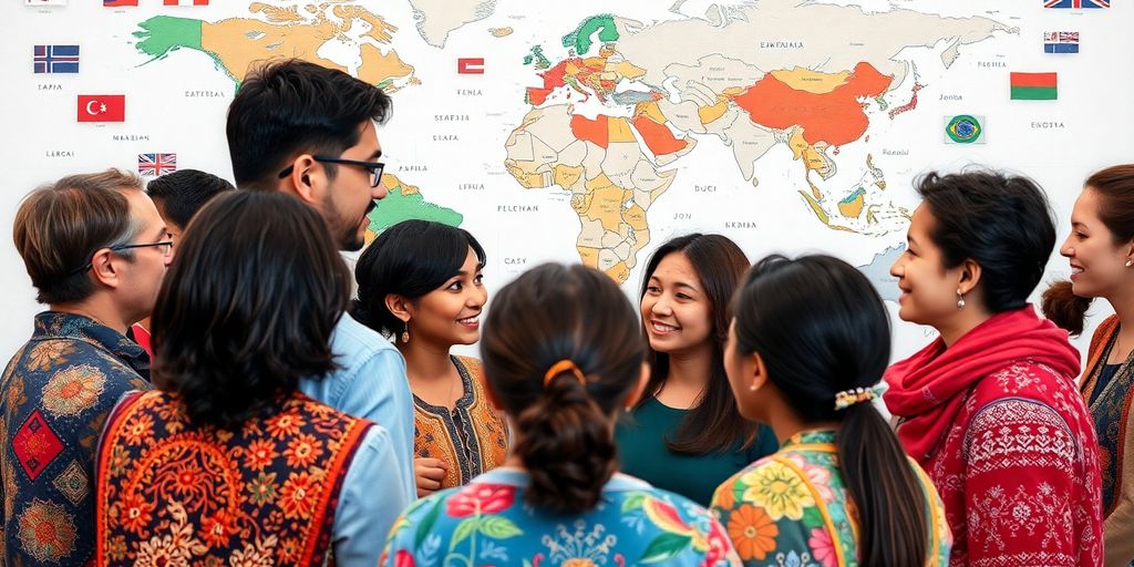 Diverse people communicating over a world map backdrop.