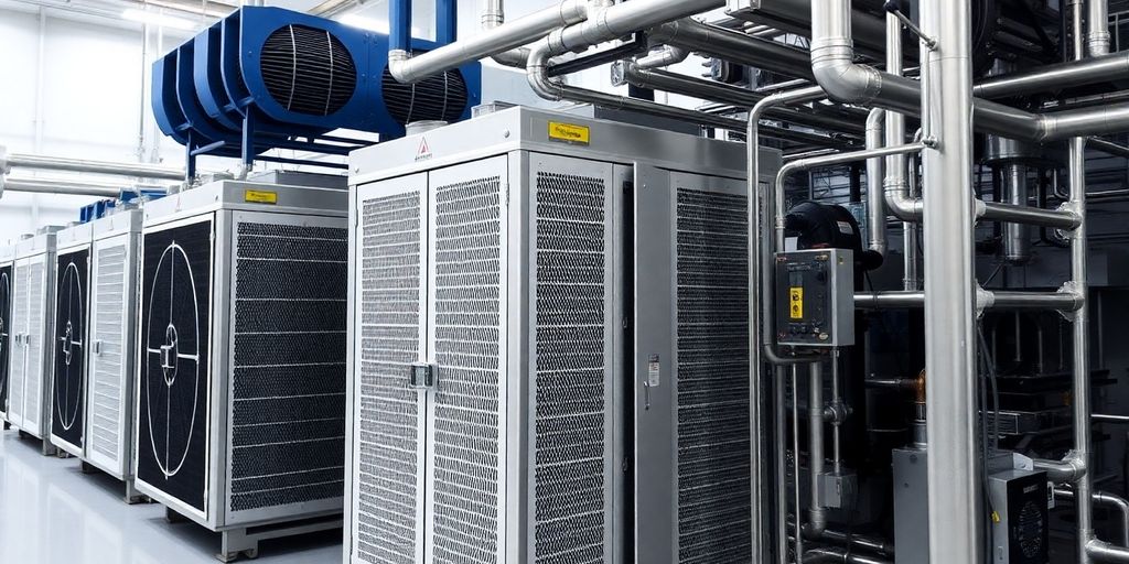 Industrial refrigeration units in a manufacturing setting.