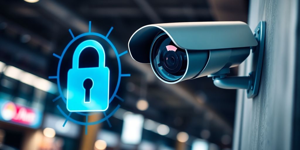 CCTV camera with digital lock in urban setting.
