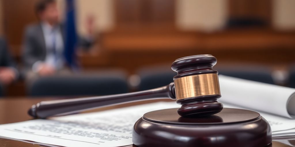 Court gavel with legal document in a courtroom setting.