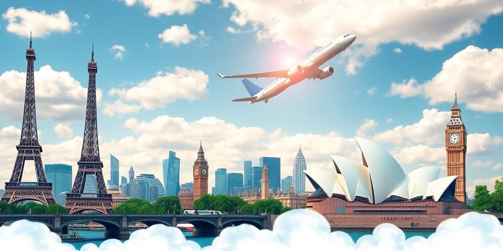 Airplane soaring over diverse global landscapes.