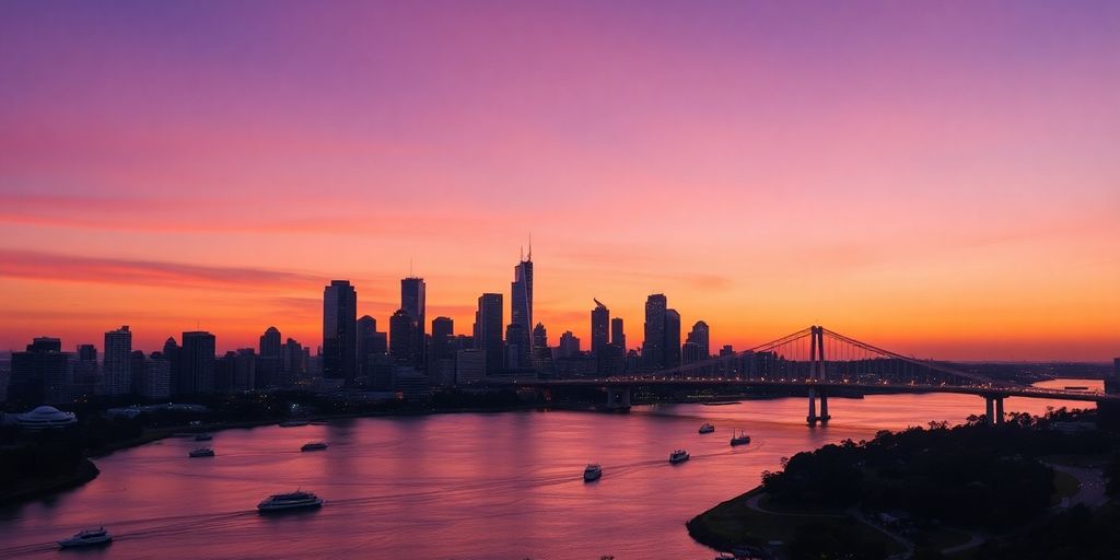 Brisbane skyline, river, Story Bridge at sunset