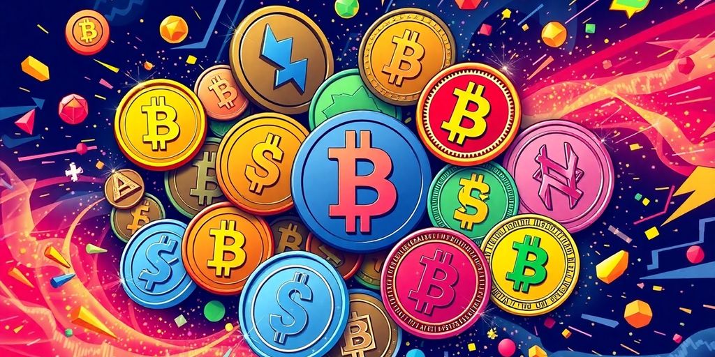 Colorful cryptocurrency coins in a dynamic arrangement.