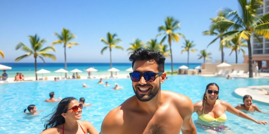 Family enjoying a pool at a Cabo San Lucas hotel.