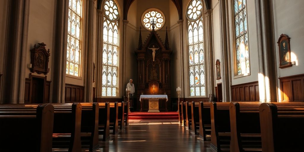Interior of a church with clean furnishings and stained glass.