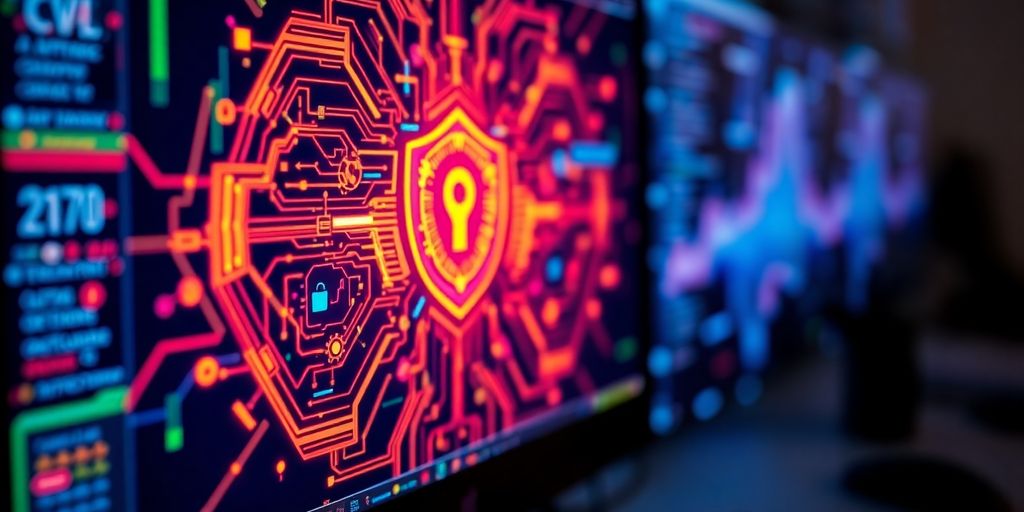 Cybersecurity interface on a computer screen, digital elements.
