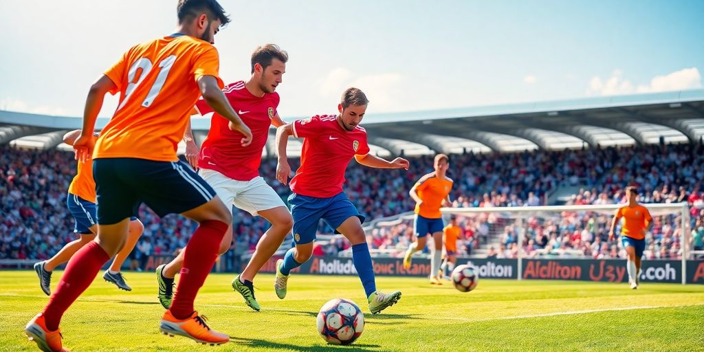Soccer players competing on the field during a match.