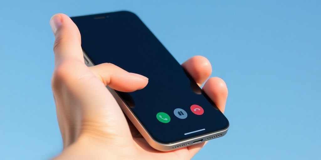 Person holding phone, looking at clear sky.