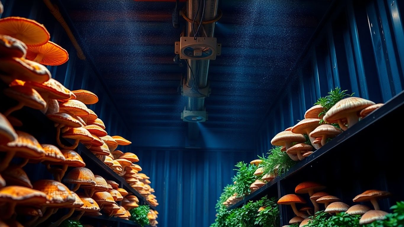 Mushrooms growing inside a shipping container.