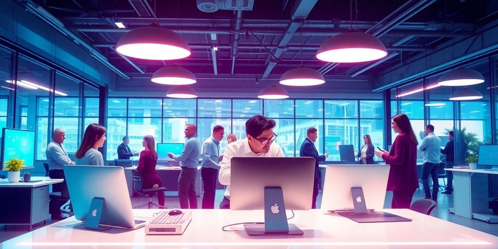 Futuristički ured sa profesionalcima i tehnologijom.