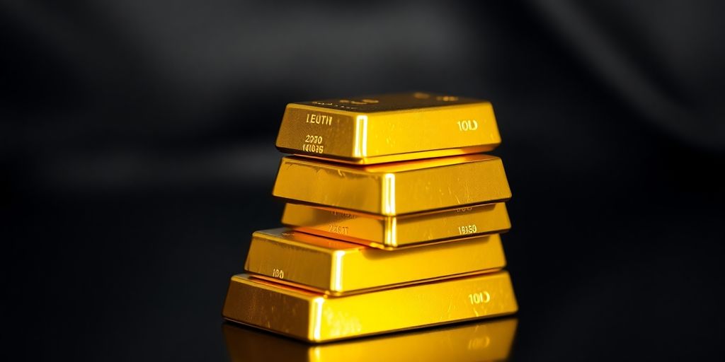 Lingots d'or brillants sur une surface sombre.
