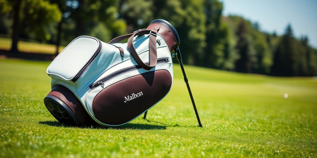 Malbon Golf bag on a green golf course.
