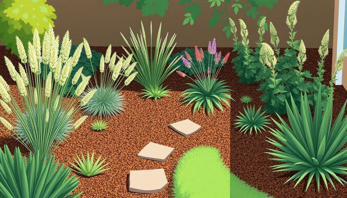 Serene low-maintenance garden with drought-tolerant plants
