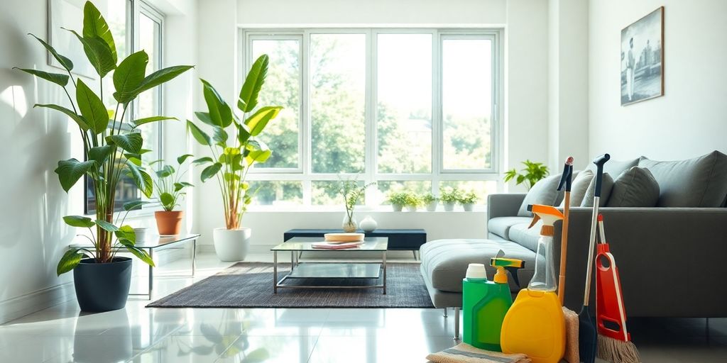 Bright, clean living room with plants and modern furniture.