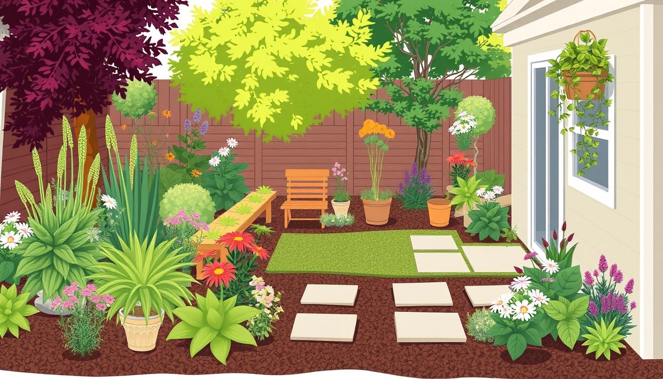Illustrative garden with plants and patio.