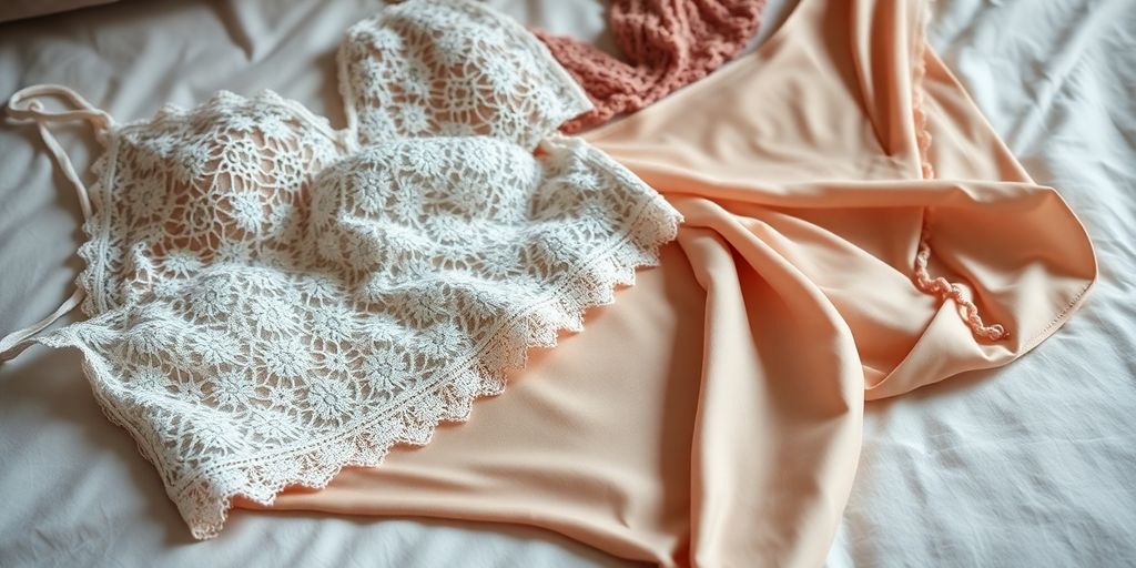 Lace bralette and silk panties on a bed.
