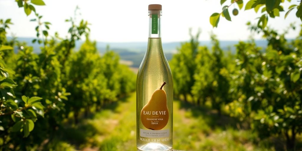 Fles eau de vie in een boomgaard.